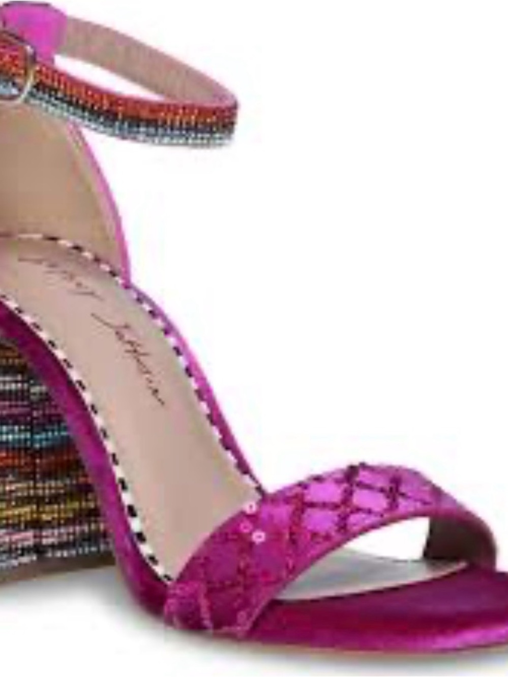 Betsey Johnson Cicely Sequin Pink Block Heel Sandal with Ankle Strap